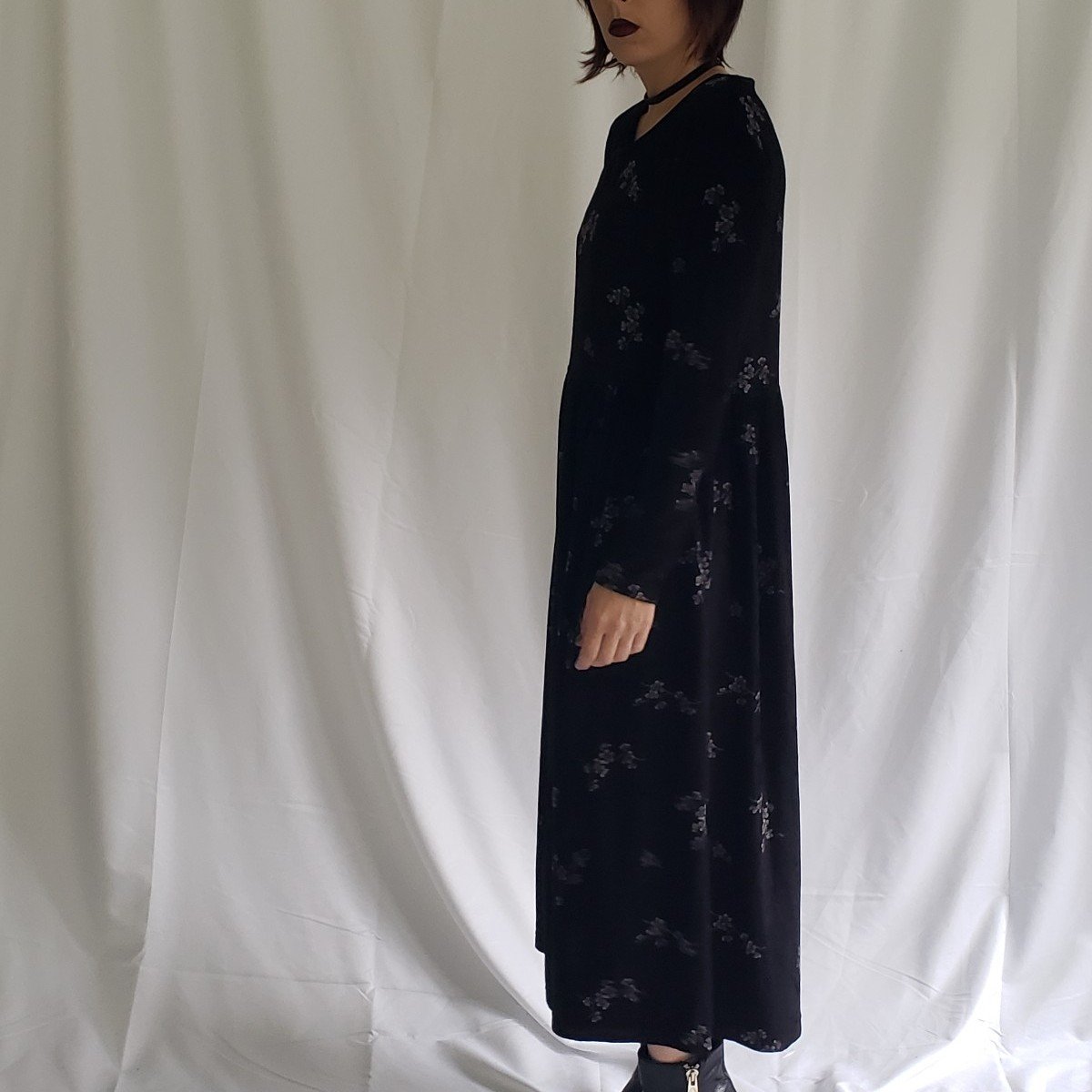 90s Black Velvet Whimsigoth Midi Dress