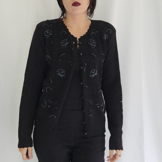 90s Black Beaded Cardigan