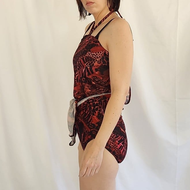 80s Red and Black Animal Print Wrap Swimsuit