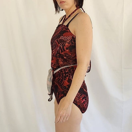 80s Red and Black Animal Print Wrap Swimsuit