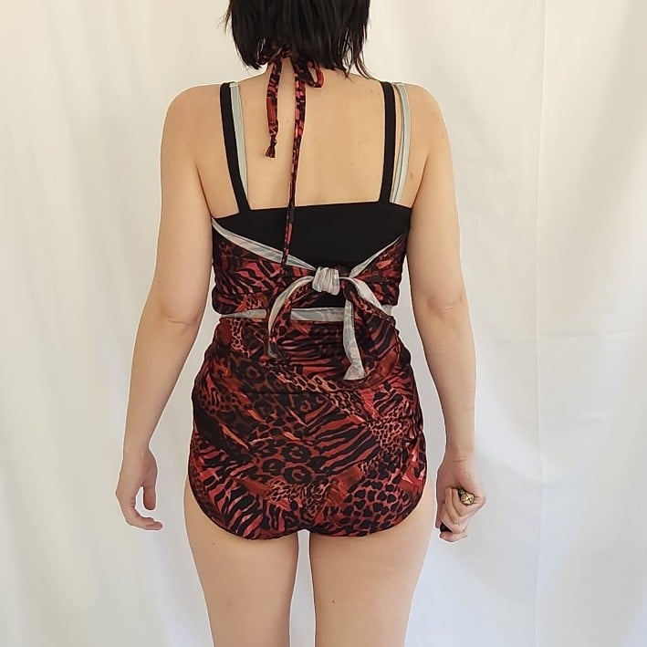 80s Red and Black Animal Print Wrap Swimsuit