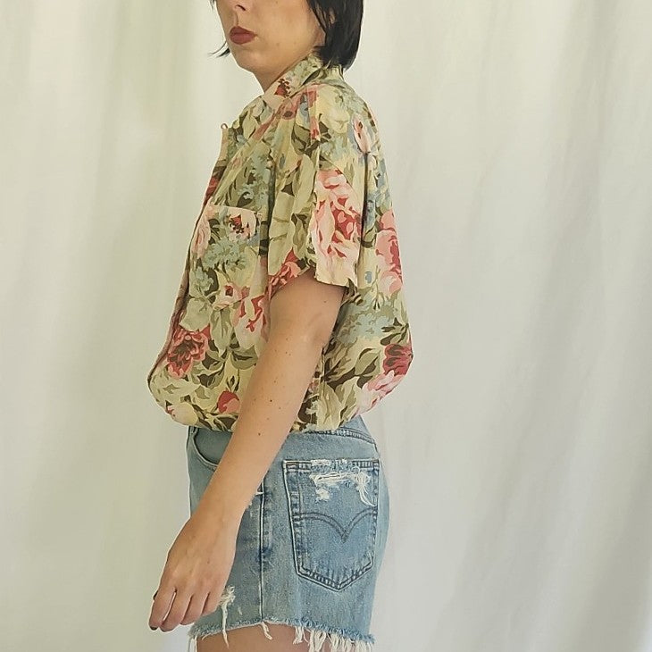 00s Liz Claiborne Pink and Tan Floral Shirt