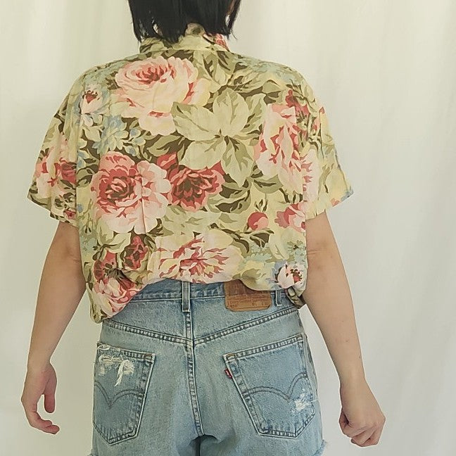 00s Liz Claiborne Pink and Tan Floral Shirt