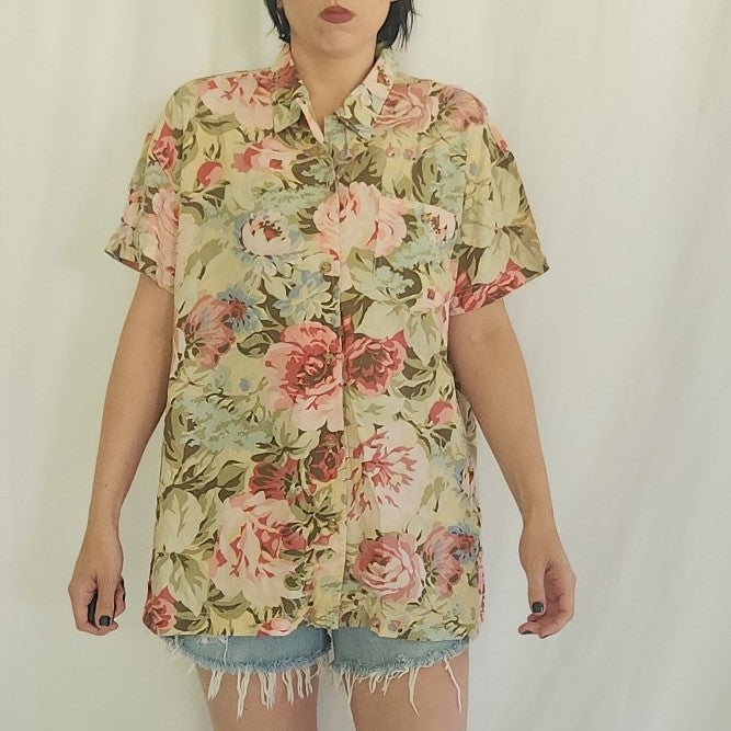 00s Liz Claiborne Pink and Tan Floral Shirt