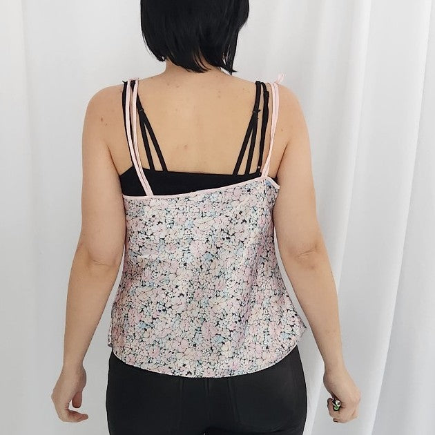 90s Pink and Blue Floral Satin Camisole