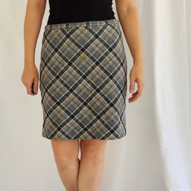 Y2K American Eagle Gray and Blue Plaid Wool Skirt
