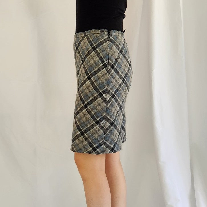 Y2K American Eagle Gray and Blue Plaid Wool Skirt