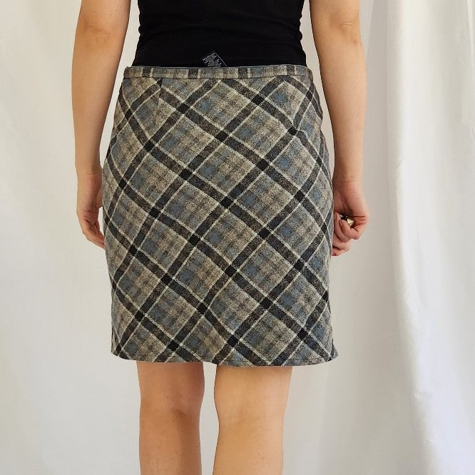 Y2K American Eagle Gray and Blue Plaid Wool Skirt