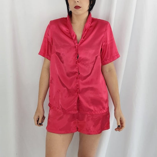 90s/Y2K Fuschia Satin Pajama Set