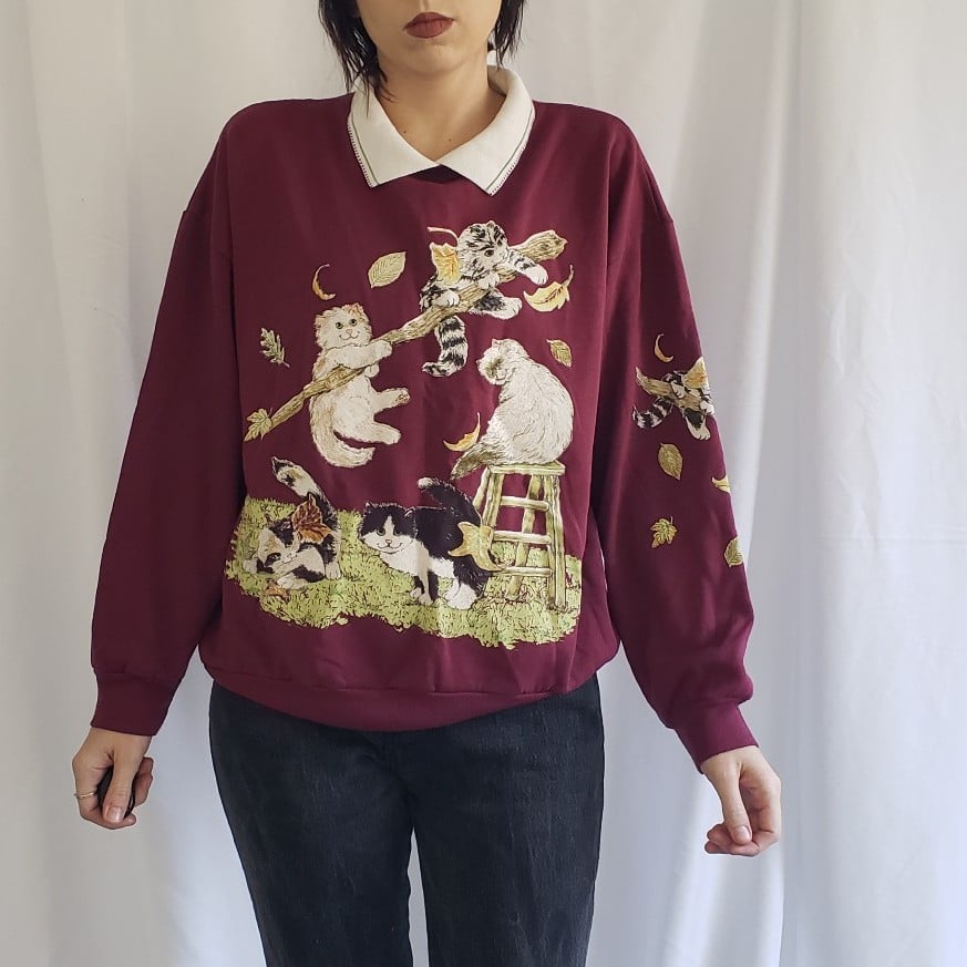 90s Burgundy Kitten Theme Collared Sweatshirt