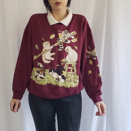 90s Burgundy Kitten Theme Collared Sweatshirt