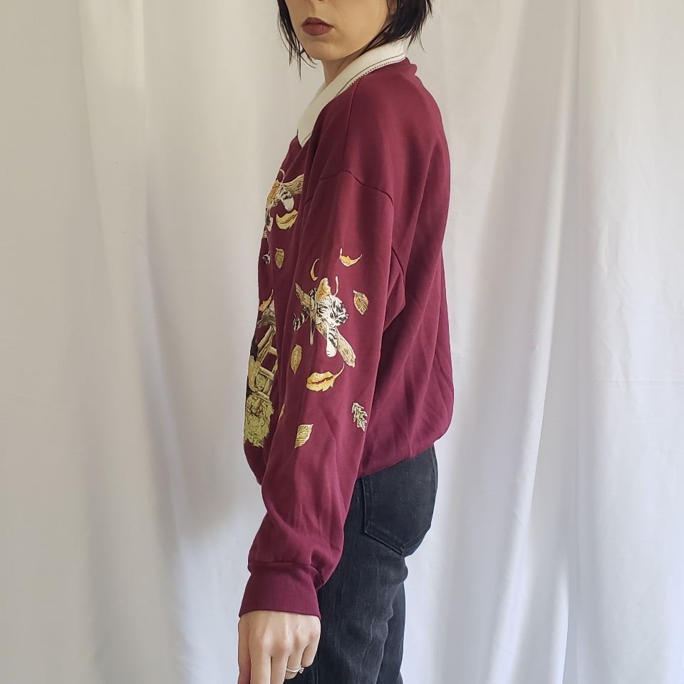 90s Burgundy Kitten Theme Collared Sweatshirt