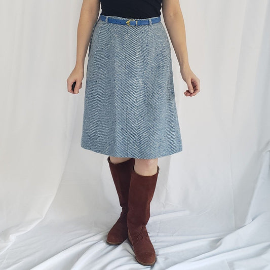 60s Blue Home Made Herringbone A Line Skirt