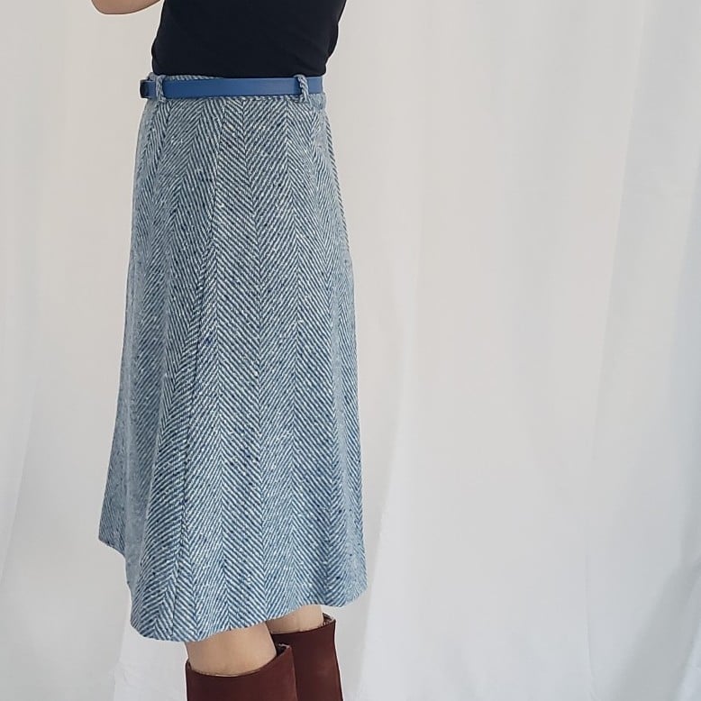 60s Blue Home Made Herringbone A Line Skirt