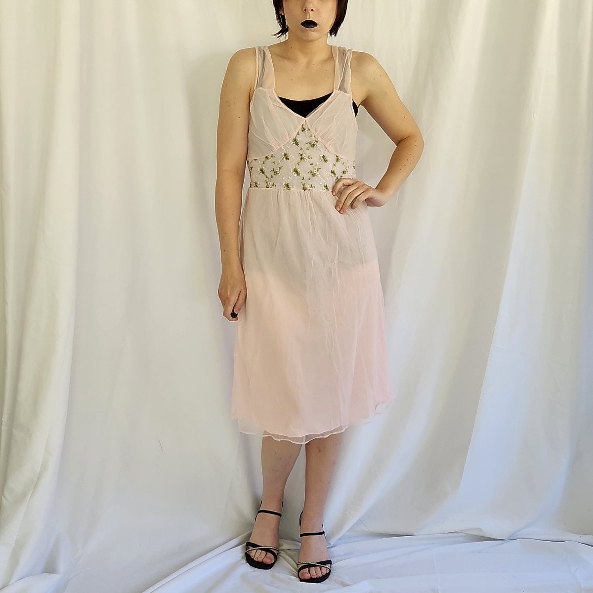 70s/80s Pink Floral Nylon Nightgown