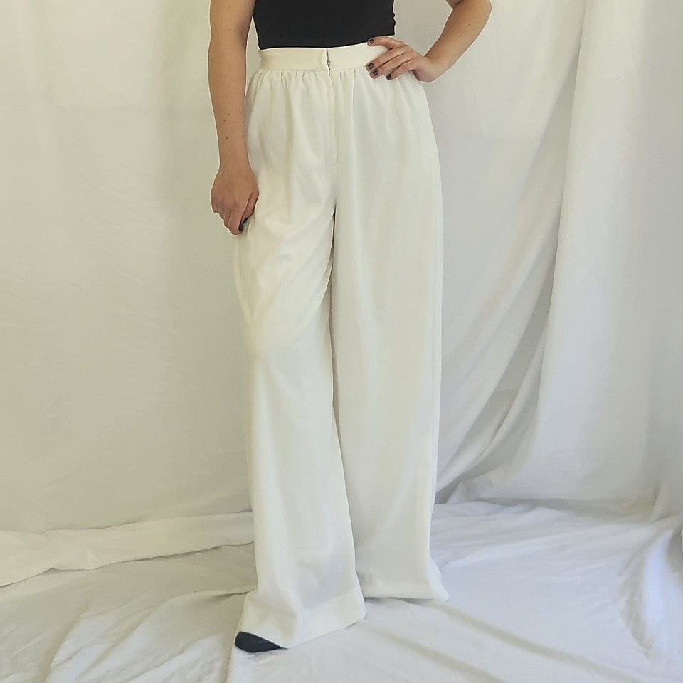 90s(?) White Flowy Wide Leg High Rise Pants