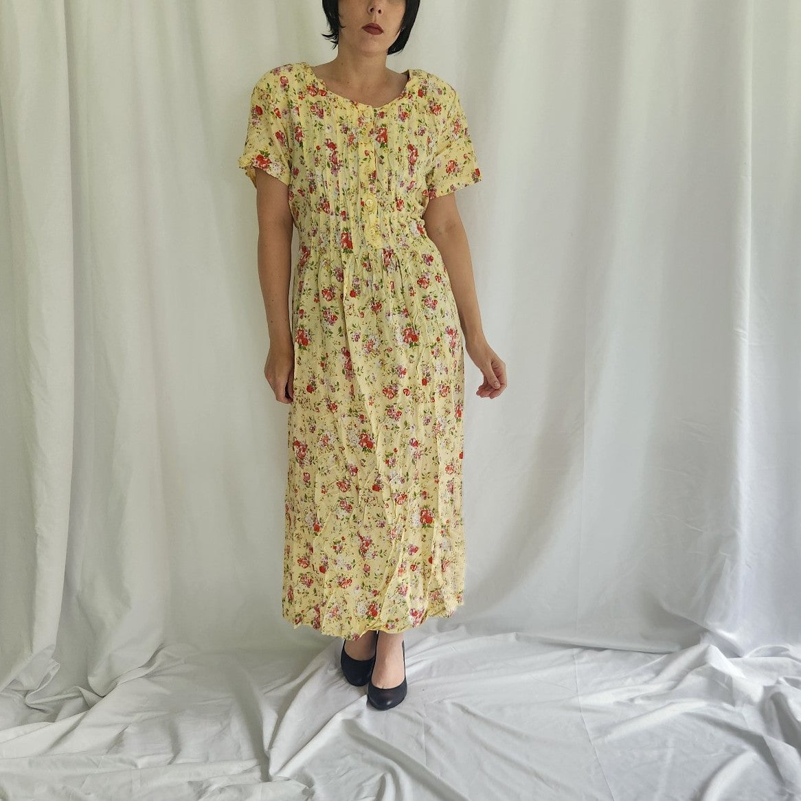 90s/00s Yellow Floral Rayon Maxi Dress
