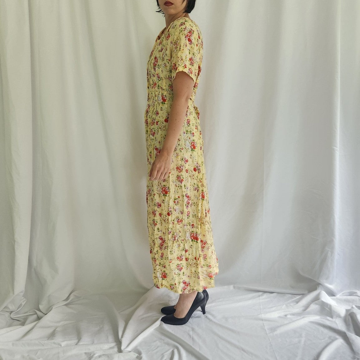 90s/00s Yellow Floral Rayon Maxi Dress