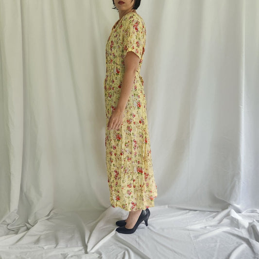 90s/00s Yellow Floral Rayon Maxi Dress