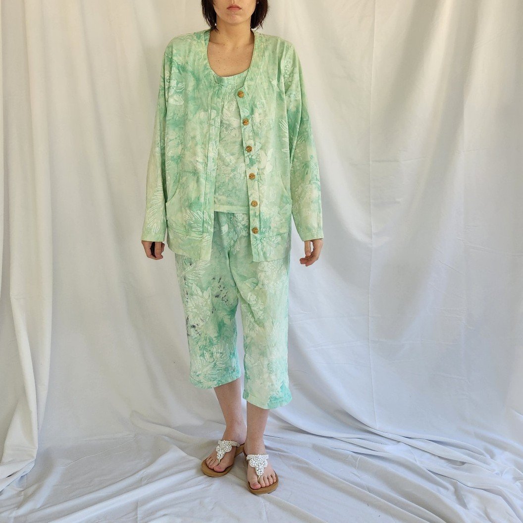 90s Green and White Tie Dye 3 Piece Cotton Set