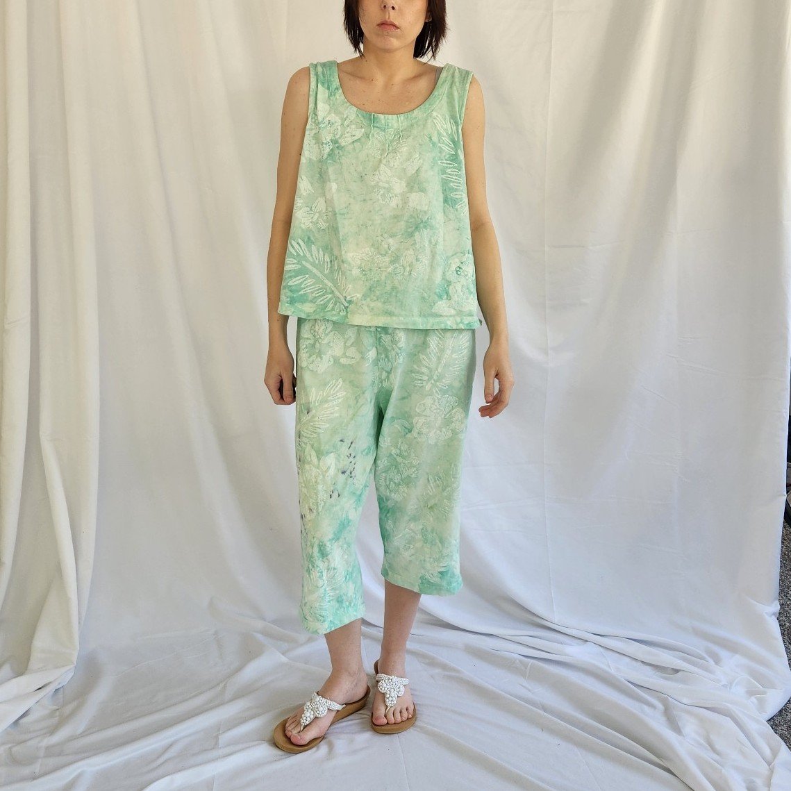90s Green and White Tie Dye 3 Piece Cotton Set