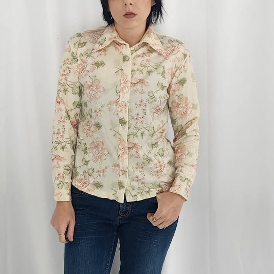 70s Peony Print Dagger Collar Shirt