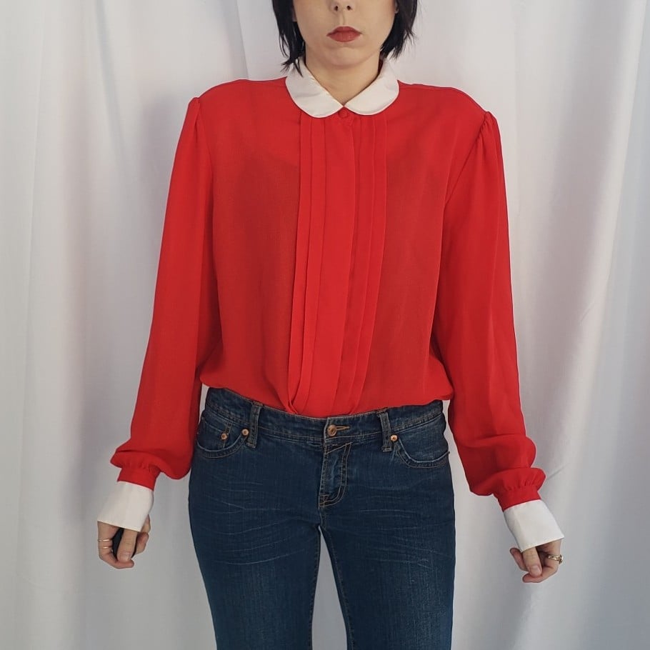 70s/80s Red Sheer Pleated Top