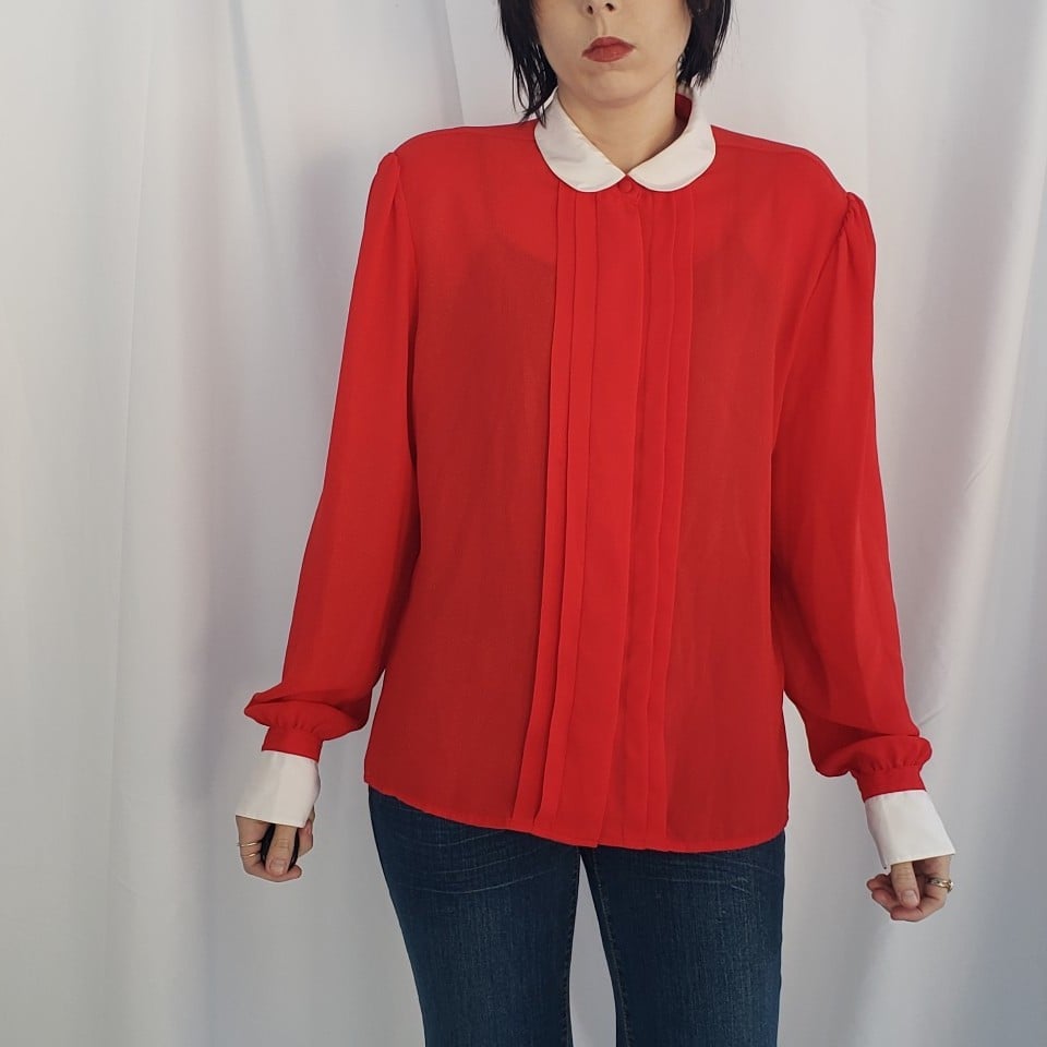 70s/80s Red Sheer Pleated Top