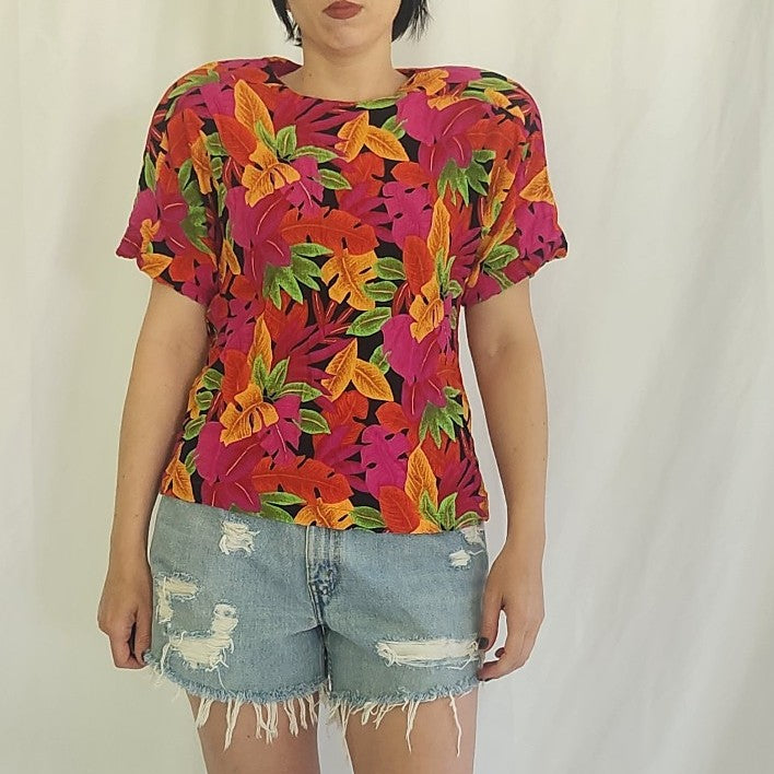 90s Hot Pink and Orange Floral Shirt
