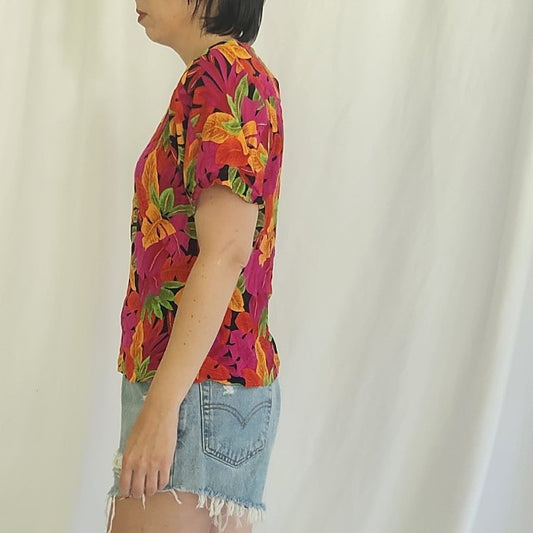 90s Hot Pink and Orange Floral Shirt