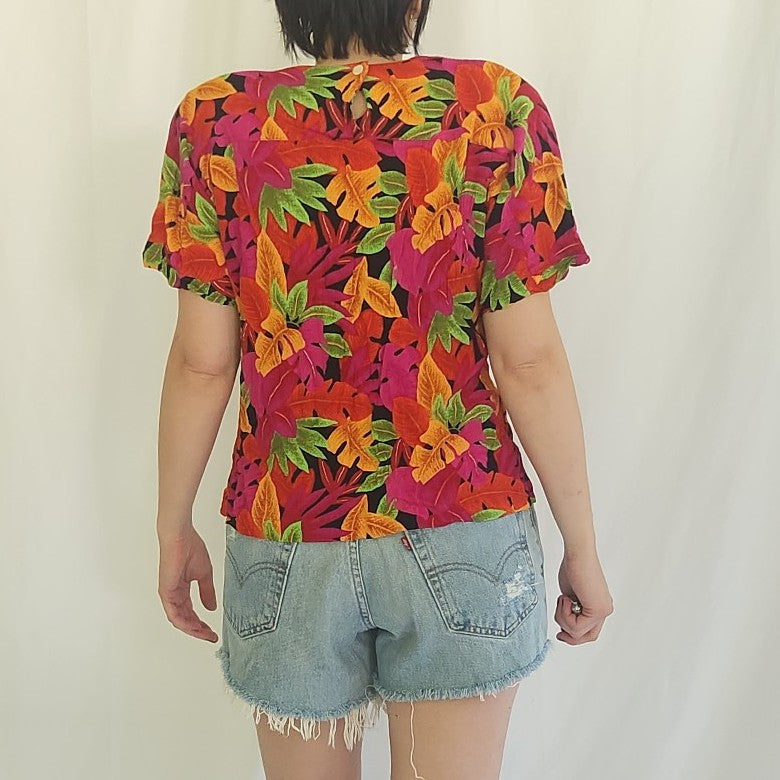 90s Hot Pink and Orange Floral Shirt