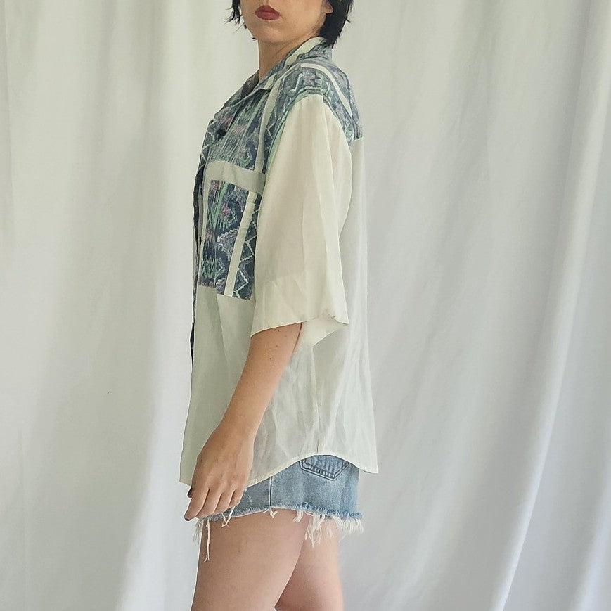 80s/90s White, Blue, and Teal Southwest Inspired Shirt