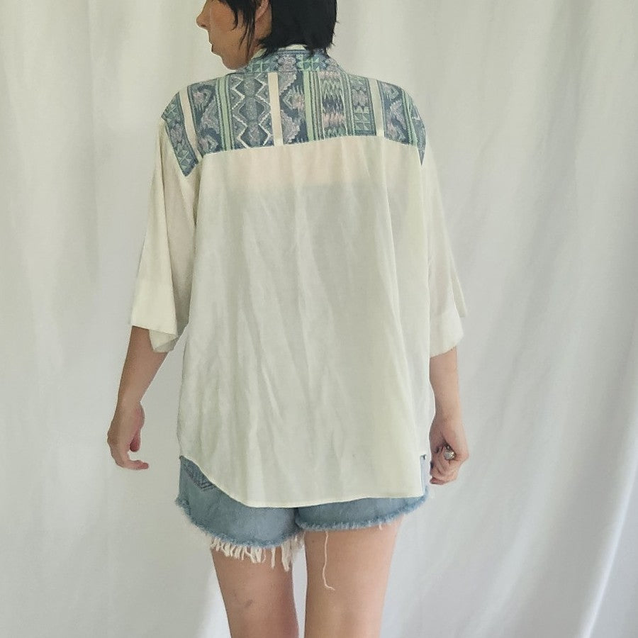 80s/90s White, Blue, and Teal Southwest Inspired Shirt