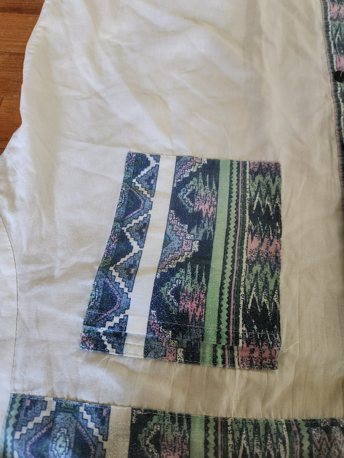 80s/90s White, Blue, and Teal Southwest Inspired Shirt