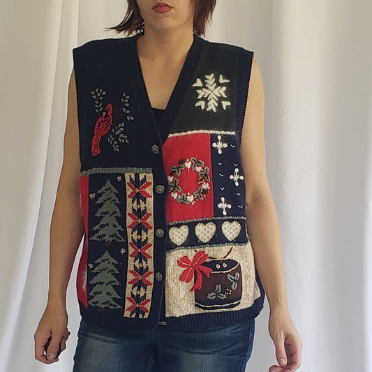 90s Christmas Patchwork Style Sweater Vest