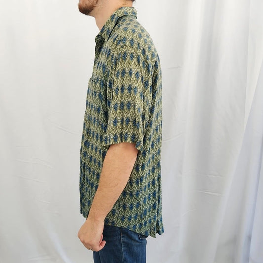90s Green and Blue Geometric Print Shirt