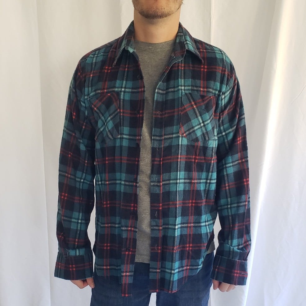 90s Teal and Red Plaid Flannel