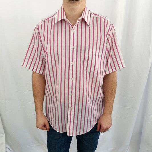 90s Pink and White Striped Short Sleeve Button Down