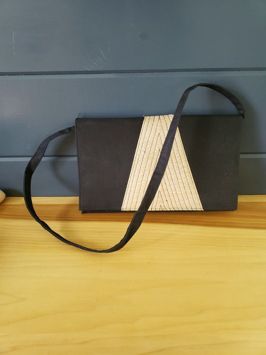 Vintage Black and Beige Fabric Shoulder Bag