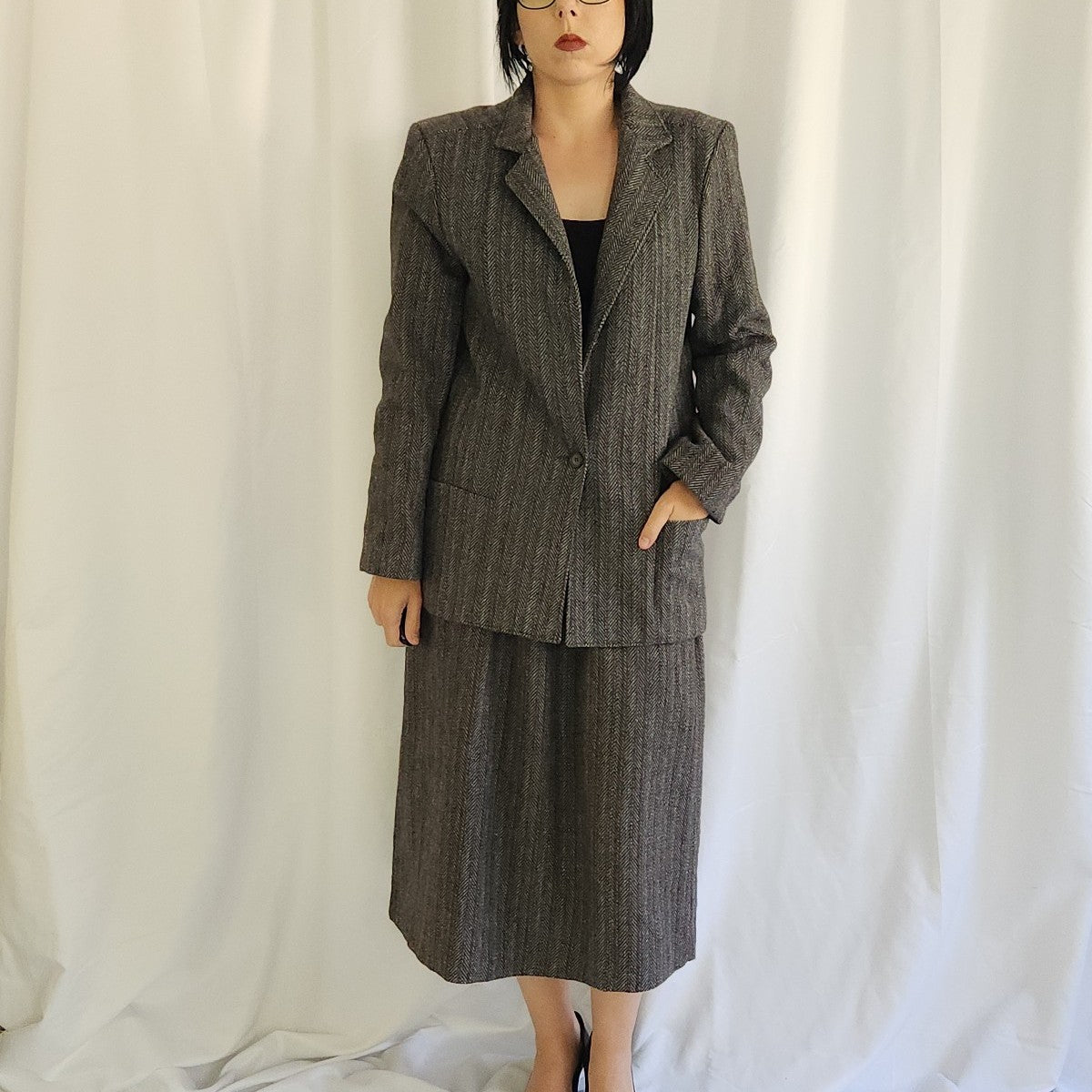 80s Gray Wool Houndstooth Skirt Suit
