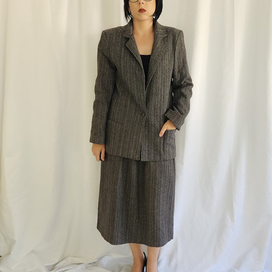80s Gray Wool Houndstooth Skirt Suit