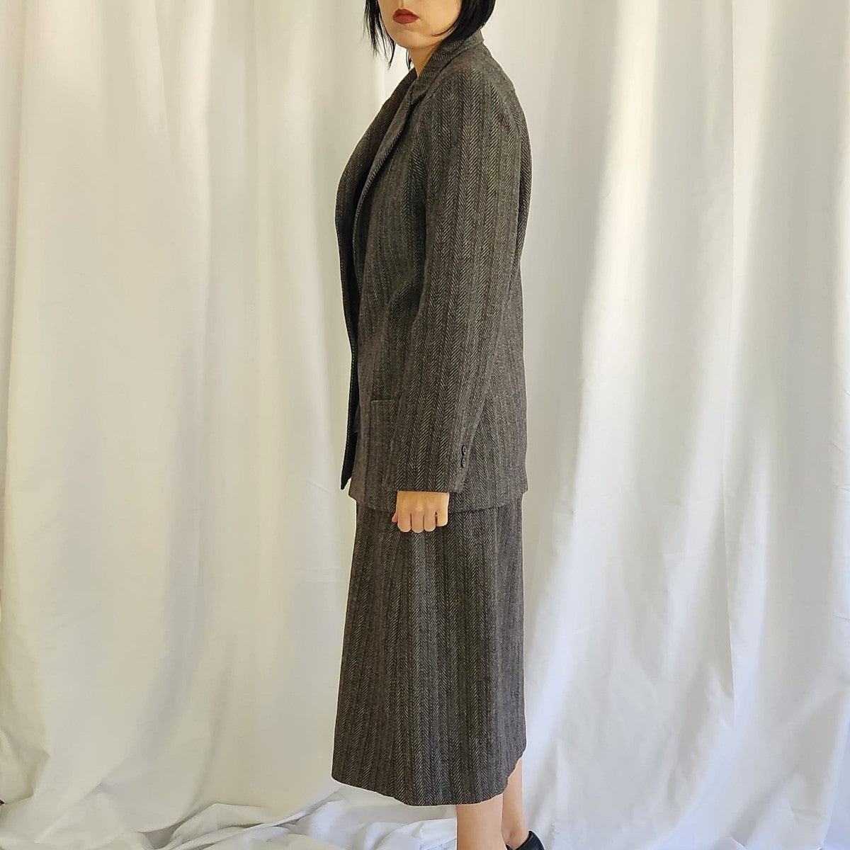 80s Gray Wool Houndstooth Skirt Suit