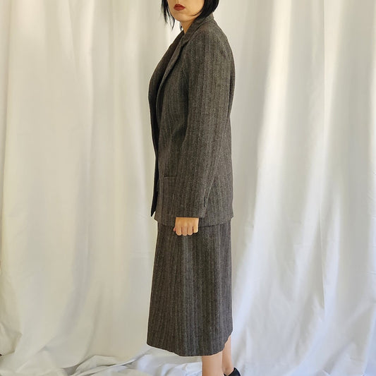 80s Gray Wool Houndstooth Skirt Suit