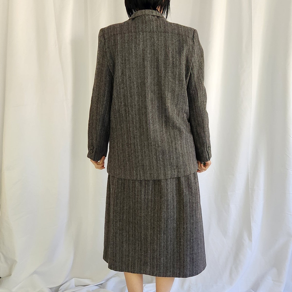 80s Gray Wool Houndstooth Skirt Suit