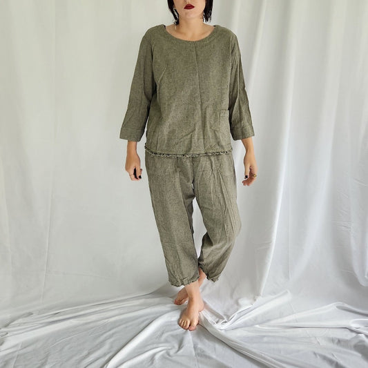Green Boho Linen and Cotton Pants and Top Set