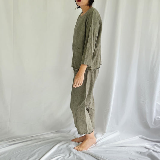 Green Boho Linen and Cotton Pants and Top Set