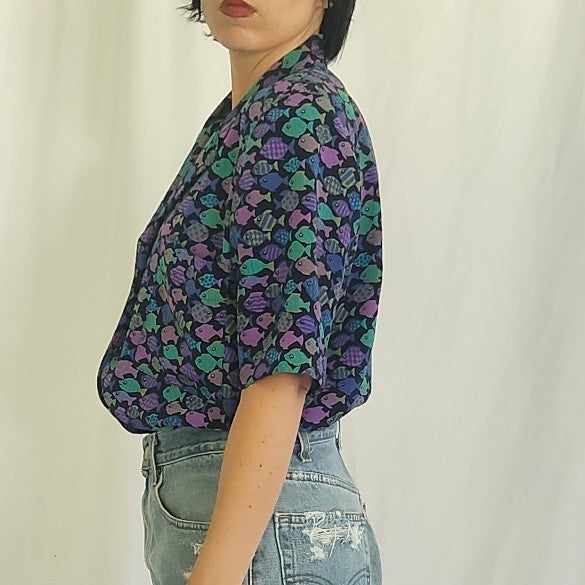 90s Purple Fish Print Blouse