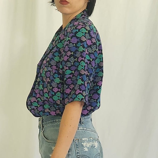 90s Purple Fish Print Blouse