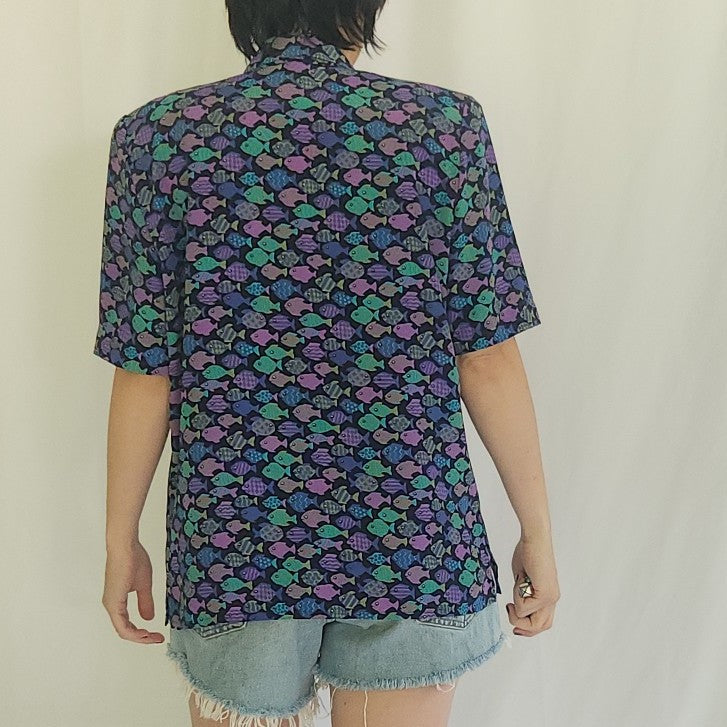 90s Purple Fish Print Blouse