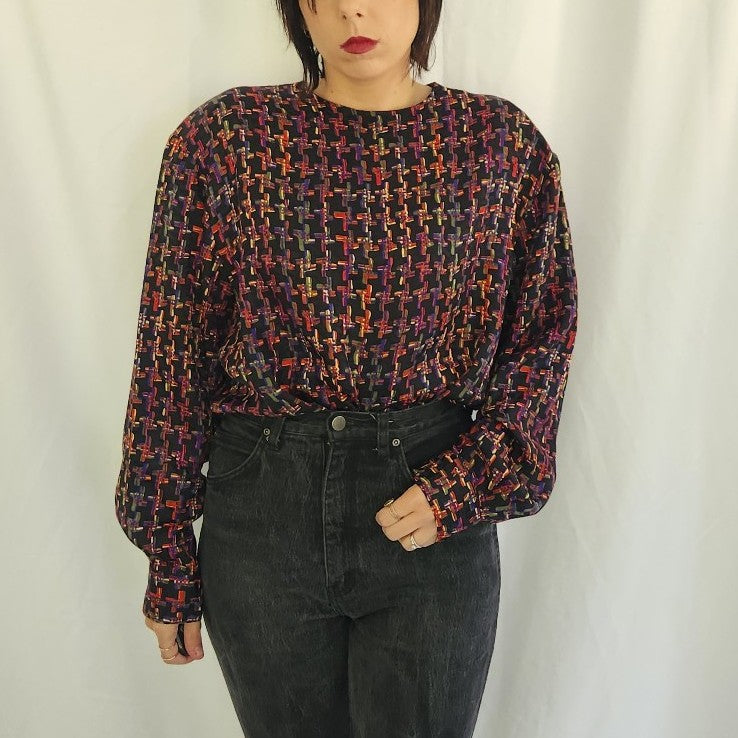 80s Black Funky Plaid Blouse